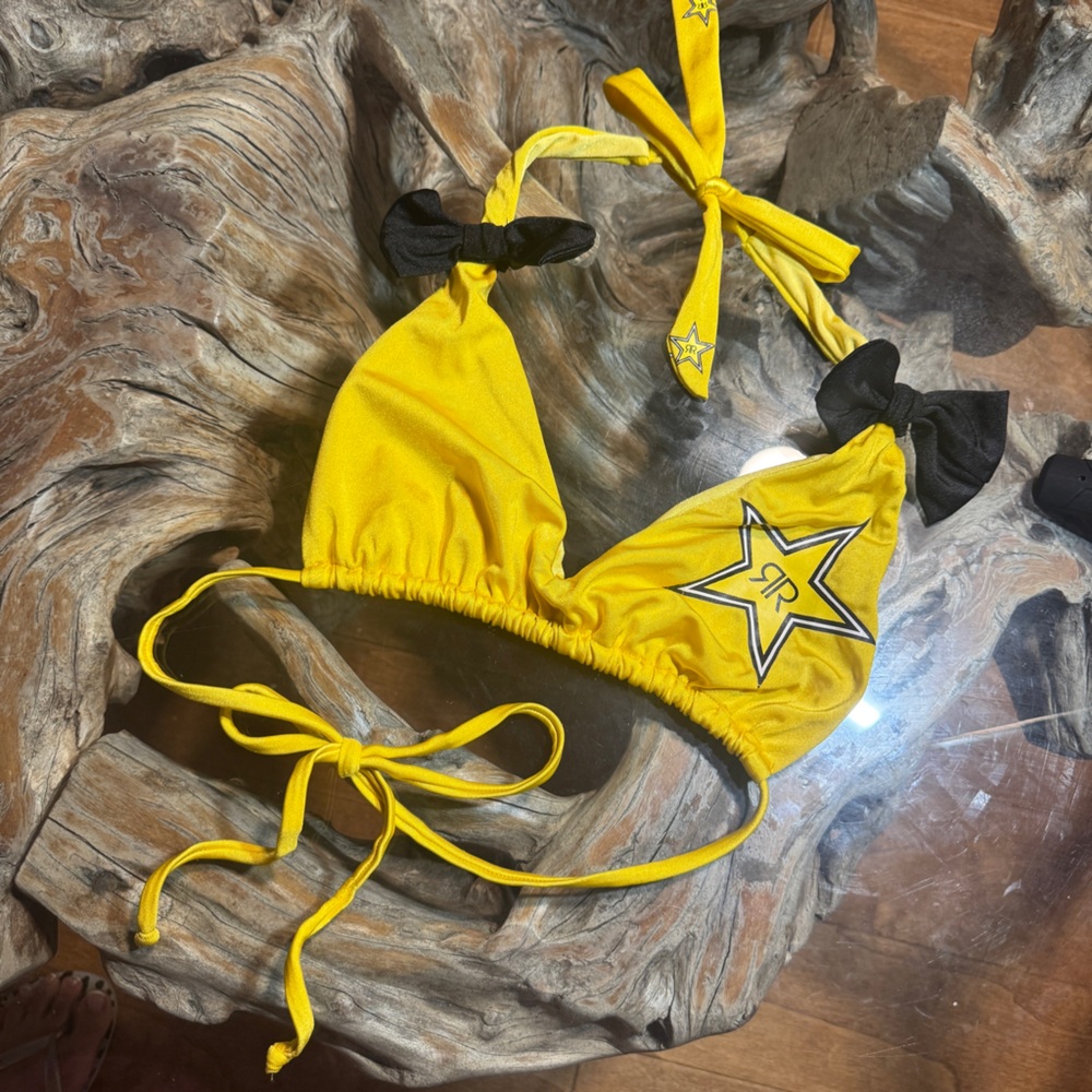Rockstar Yellow Star Triangle Bikini Top with Black Bow Accents